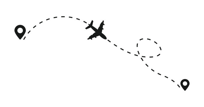 Flight route vector illustration. Airplane on dashed line on path to destination. Flight tracking interface.