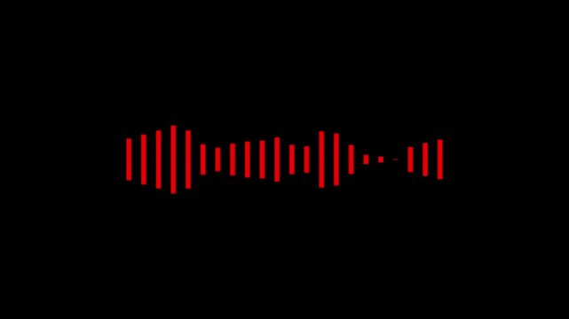 Abstract red sound wave visualization composed of vertical bars of varying heights against a black background, representing audio, music, or digital signal processing