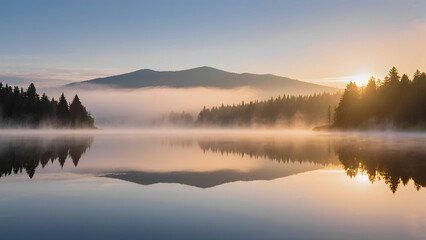 A calm lake at dawn, surrounded by pine trees and distant mountains. Mist rising from the water, mirror-like reflection, soft golden light.