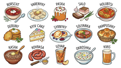 Assorted traditional dishes and beverages illustrated in a flat design style on a white background