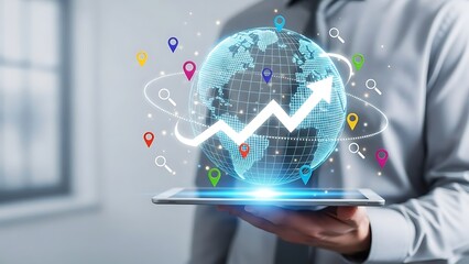 Businessman presenting global data on digital tablet with 3D earth map