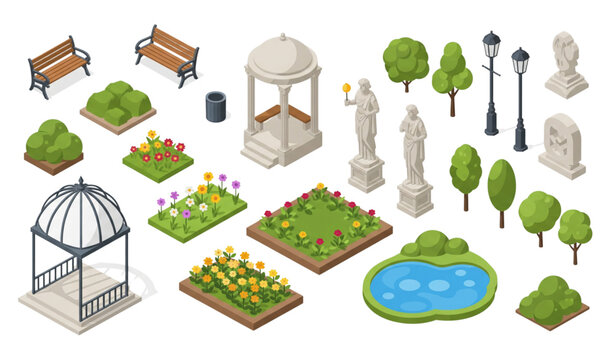 Urban park isometric landscape elements with benches statues lakes and trees flat vector set isolated on transparent background