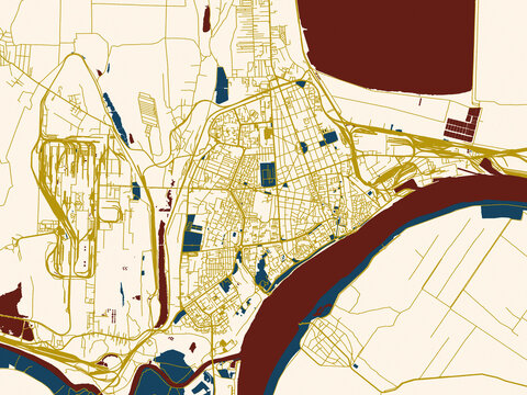 Flat city map of Galati, Romania in gold street network with navy water