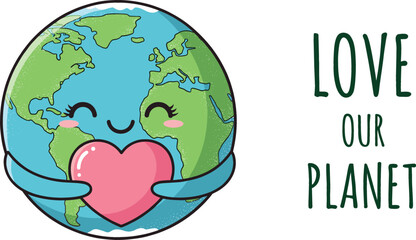 Cute globe character holding heart vector illustration with love our planet text for environmental awareness earth day and ecology design.