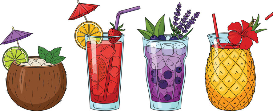 Tropical summer cocktail vector set with coconut pineapple berry and citrus drinks decorated with umbrellas and flowers for beach bar and party menu design.