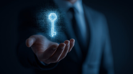 Business person offering digital key. Digital Security and Data Protection Key Concept  