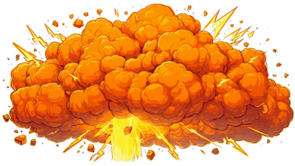 A large, fiery explosion erupts with smoke, debris, and bright flashes of light.