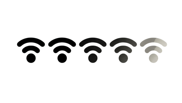 Series of Wi Fi signal strength icons showing decreasing connectivity from full to weak. - Powered by Adobe