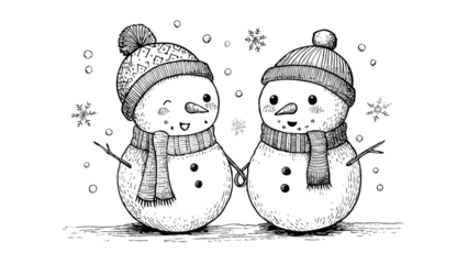Two charming snowmen wearing hats and scarves hold hands in a snowy winter scene.