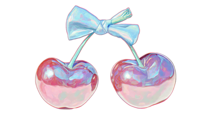 Two iridescent cherries with a light blue satin bow tied between their stems.