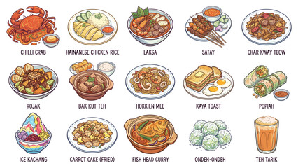 A colorful illustration of various international dishes including seafood, meat, desserts, and beverages, displayed in a grid layout