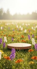 Sunlit Meadow Display: Wooden Round Platform Amidst Vibrant Blooms