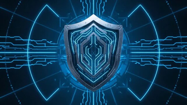 Digital shield protection cybersecurity technology circuit board data flow blue energy abstract