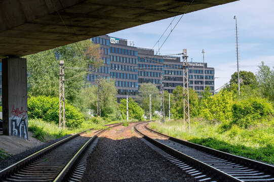 Bratislava, Slovakia - May, 10, 2025 : Digital Park Einsteinova. Modern office buildings located in the Bratislava district Petrzalka.