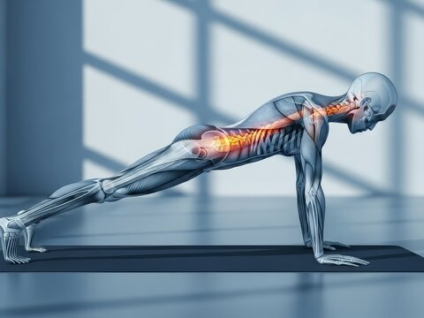 Human skeleton doing push ups on a yoga mat with highlighted muscles in a modern gym