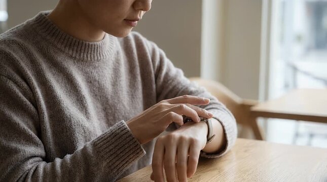 Woman using smartwatch indoors