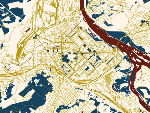 City map of Novokuznetsk, Russian Federation &ndash; gold street network with navy water