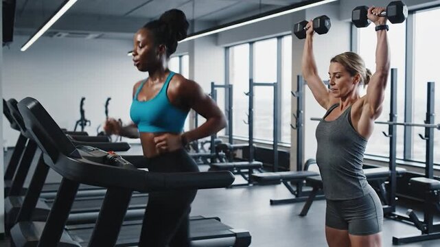 Two women, one running on a treadmill, another lifting dumbbells in a bright gym