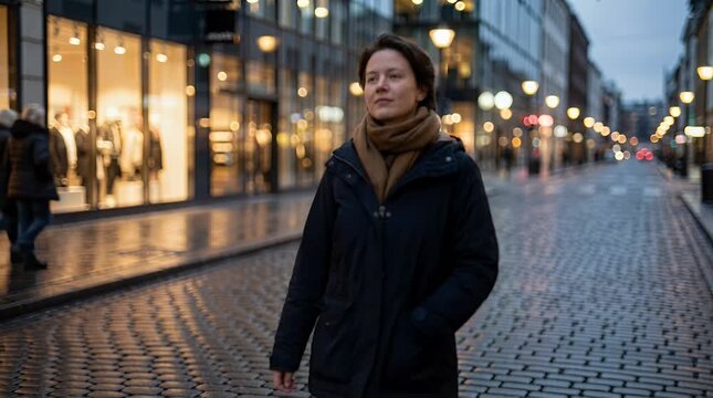 Woman walking city street evening lights atmosphere
