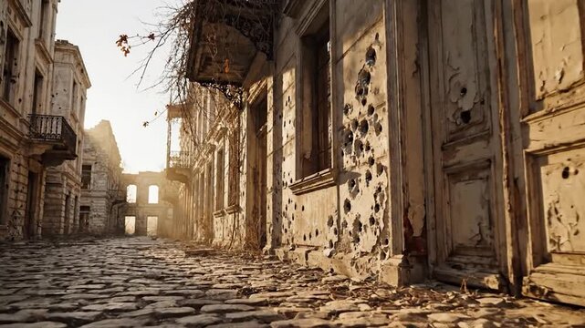 Sunlit cobblestone street, bullet-scarred buildings, crumbling facades, overgrown balconies