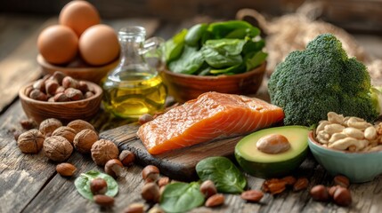 healthy food: salmon fillets, eggs, avocados, nuts
