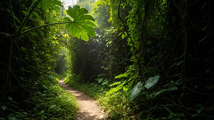 A serene and mysterious jungle path with lush greenery and vines