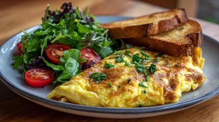  omelet on a plate with a green salad and toast