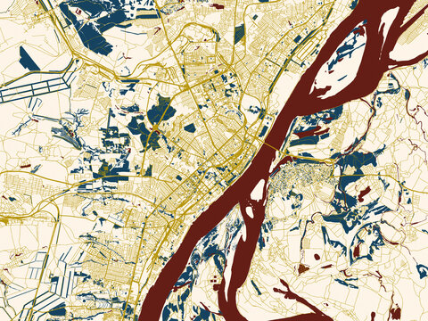 Minimalist map of Volgograd, Russian Federation, midnight blue and gold palette