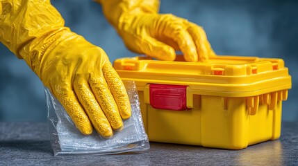 Close Up Studio Shot of Person Cleaning Toolbox with Cloth