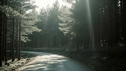 Winding road through dense forest with sun rays filtering through trees