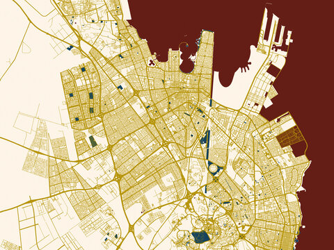 Minimalist map of Dammam, Saudi Arabia, dark blue water and warm gold roads