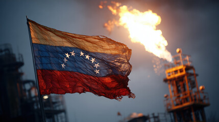 Gritty Venezuelan flag waving near industrial oil rig flame represents volatility and energy crisis in chaotic petroleum industry economy