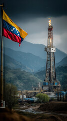 Detailed dark industrial landscape showing Venezuelan flag waving near active oil rig with burning flare amidst cloudy sky and mountains