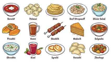 Assorted traditional cuisine illustrations displayed on a clean white background showcasing various cultural dishes and beverages