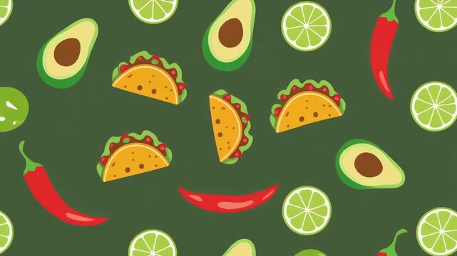 Green 2D flat vector TACO text animation with avocado and nachos. Bold typography in a seamless looping Mexican food background for promotional marketing and menus.