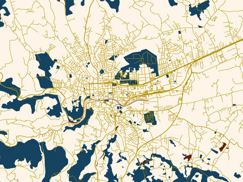 Minimalist map of Valjevo, Serbia, gold street network with navy water