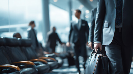 A group of people are sitting in chairs in an airport. There are two suitcases and a handbag visible