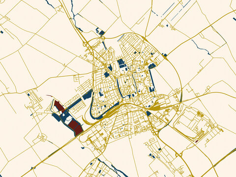 Modern graphic street map of Trnava, Slovakia, with warm gold street grid over a cream background with bold midnight-blue water areas