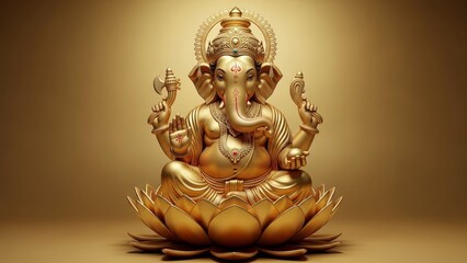 Fototapeta premium Intricate golden statue of Lord Ganesha seated on a lotus pedestal in a serene