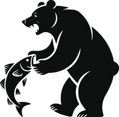 Obraz premium Minimalist black bear catching a fish silhouette vector icon
