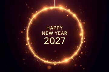 A happy new year 2027 message in gold text surrounded by a glowing circle on a black background