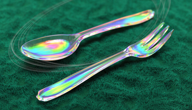 Iridescent Silverware Resting on Green Textured Fabric Surface.