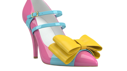 Pink High Heel Shoe with Yellow Bow and Blue Straps