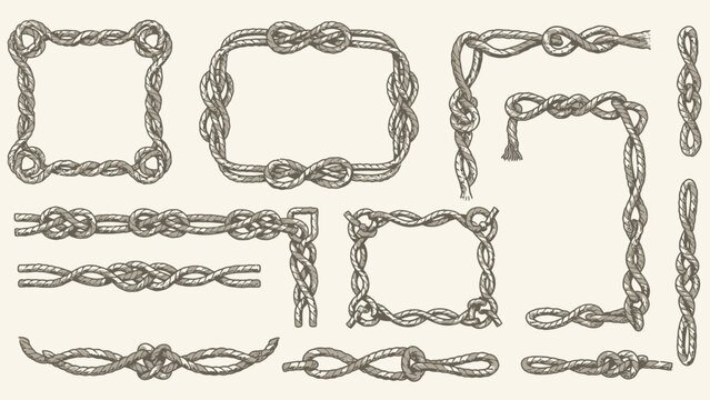 Collection of nautical knot designs for decorative borders and frames, showcasing intricate rope work and seafaring aesthetics