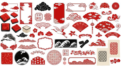 A comprehensive collection of traditional Japanese and Chinese design elements, featuring cranes, waves, clouds, fans, flowers, and ornate frames in red, black, and white. © GJ