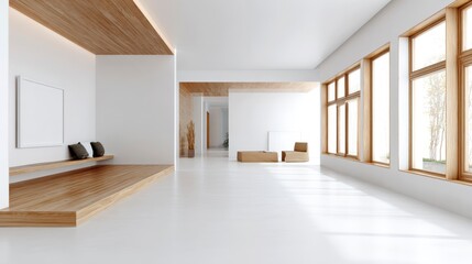 Obraz premium Modern minimal interior with spacious white room and warm wood accents, large windows allowing natural light, simple furniture creating calm and inviting atmosphere