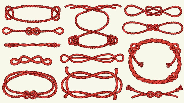 Collection of intricate red rope knots and decorative borders, showcasing traditional ornamental designs and various tying techniques.