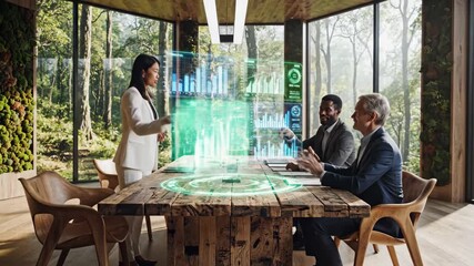 Futuristic Business Meeting in Eco-Friendly Office - A diverse group of business professionals gather around a rustic wooden table in an eco-friendly office, illuminated by futuristic holographic - Powered by Adobe
