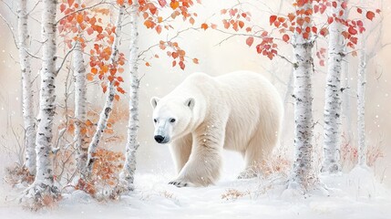 Polar Bear Walking Through Snowy Forest with Autumn Leaves in Soft Light