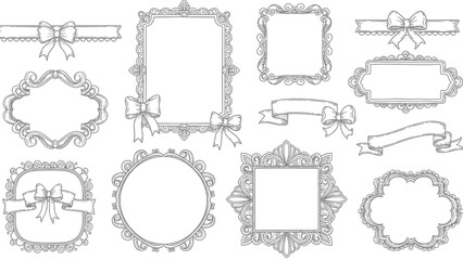 A collection of elegant and ornate decorative frames and ribbons in line art style, perfect for vintage designs and invitations.